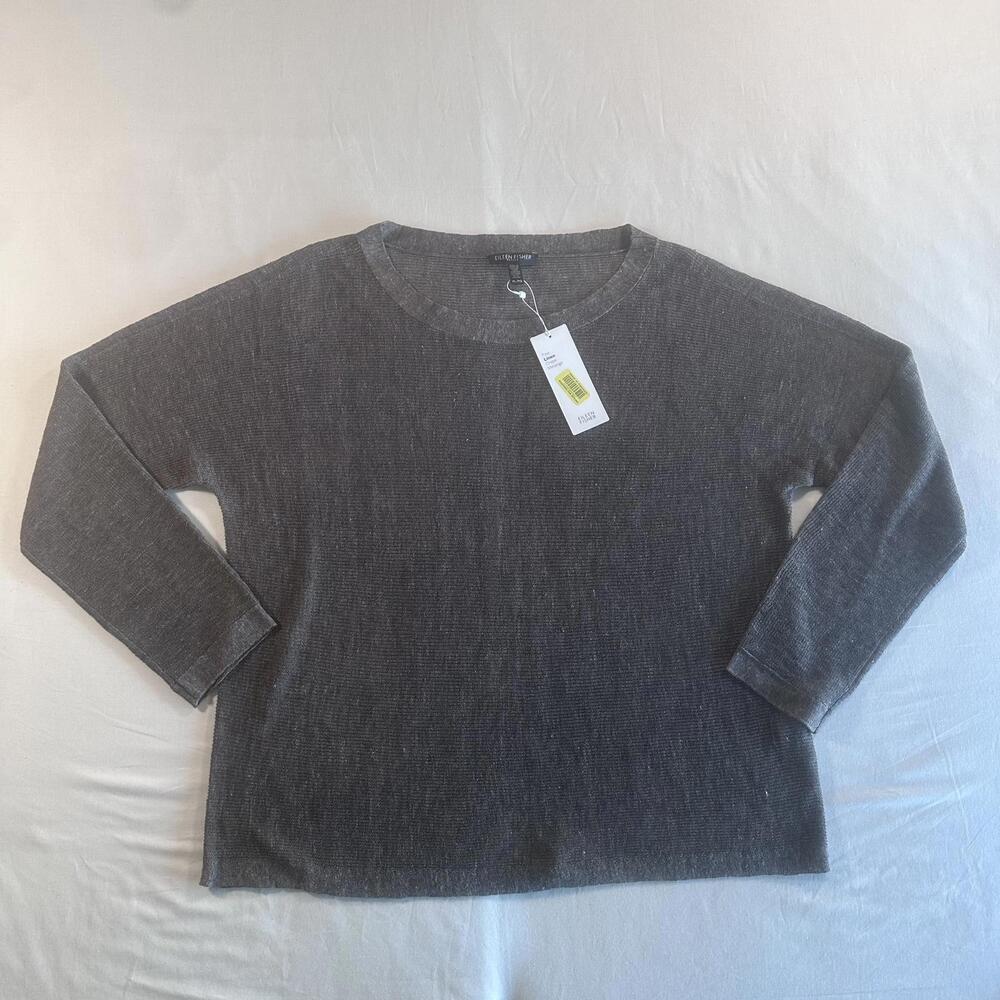 Eileen Fisher Long Sleeve Brown Fine Linen Crepe Melange Pullover Size Pet L NWT